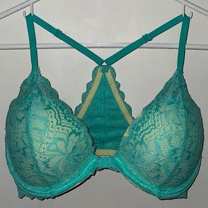 Victoria’s Secret PINK lace date racerback front closure push-up bra teal 36D